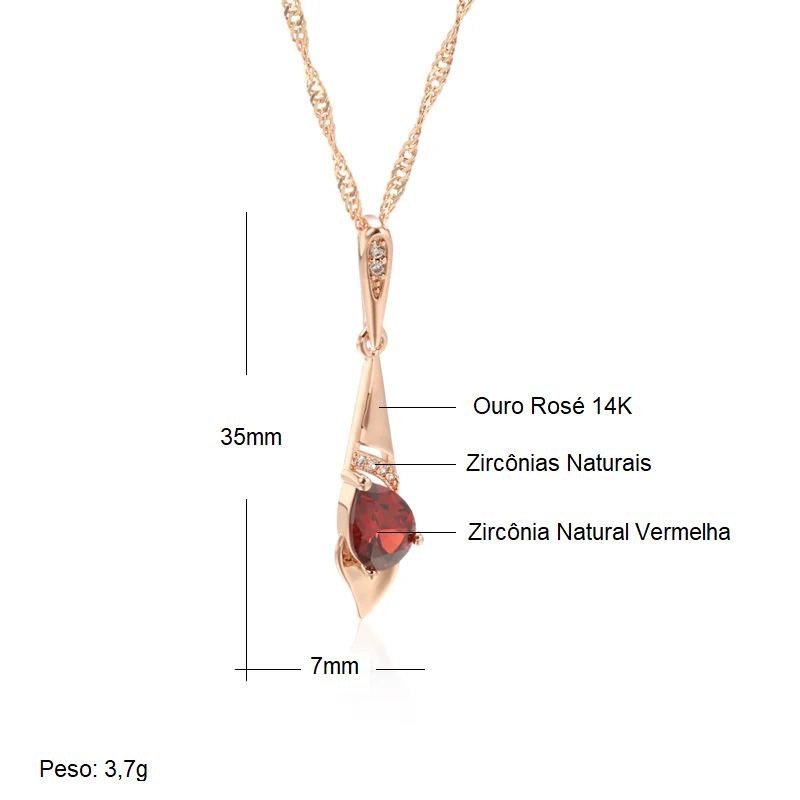 Colar Longo com Pingente Cravejado de Zircônias e Detalhe em Zircônia Vermelha, com Acabamento em Ouro Rosé 14K