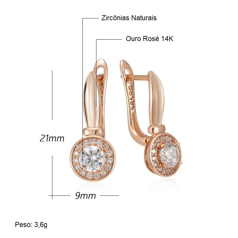 Par de Brincos Clássicos Redondos Cravejados com Zircônias e Acabamento em Ouro Rosé 14K