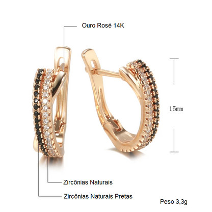 Par de Brincos Luxuosos Circulares Cravejados de Zircônias com Acabamento em Ouro Rosé 14K