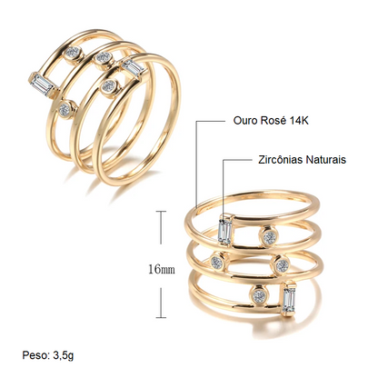 Anel Geométrico de Mola com Detalhes de Zircônia e Acabamento em Ouro Rosé 14K