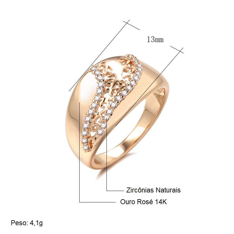 Anel Sofisticado de Estrutura Vazada com Laterais Cravejadas de Zircônias, Acabamento em Ouro Rosé 14K