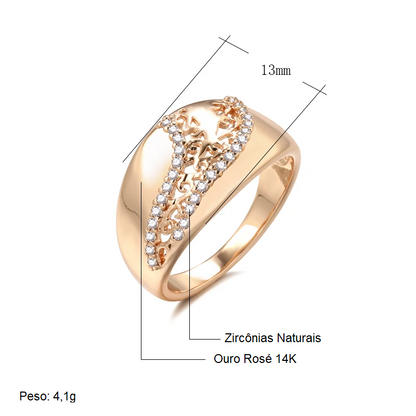 Anel Sofisticado de Estrutura Vazada com Laterais Cravejadas de Zircônias, Acabamento em Ouro Rosé 14K