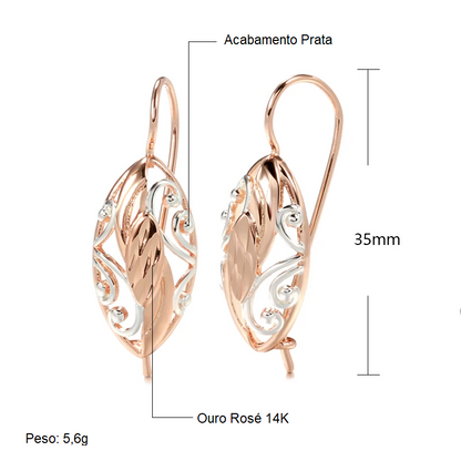 Par de Brincos Luxuosos Texturizados e Ocos com Acabamento em Ouro Rosé 14K e Detalhes em Prata