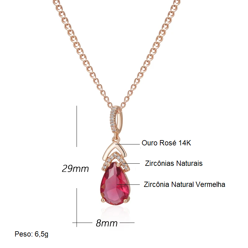 Colar com Zircônia Vermelha em Formato de Gota e Detalhes Cravejados de Zircônias com Acabamento em Ouro Rosé 14K