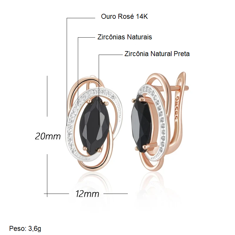 Par de Brincos Geométricos Circulares com Zircônia em Formato Navete e Acabamento em Ouro Rosé 14K