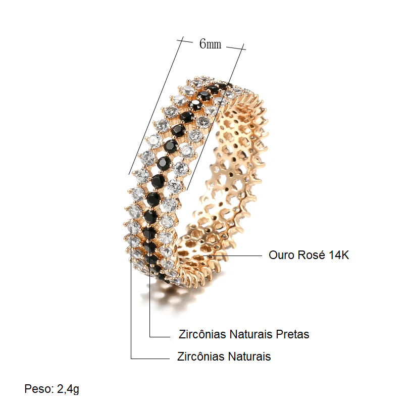 Anel Luxuoso com Três Fileiras de Zircônias em Contraste Sofisticado, Acabamento em Ouro Rosé 14K