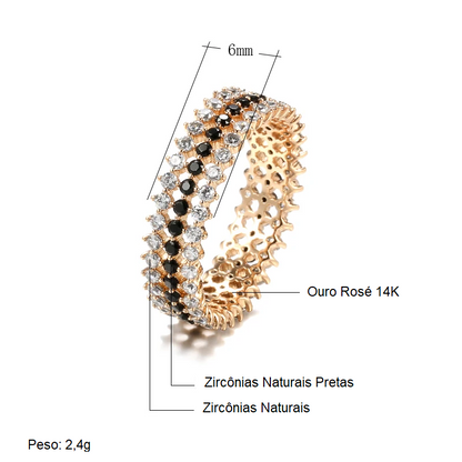 Anel Luxuoso com Três Fileiras de Zircônias em Contraste Sofisticado, Acabamento em Ouro Rosé 14K