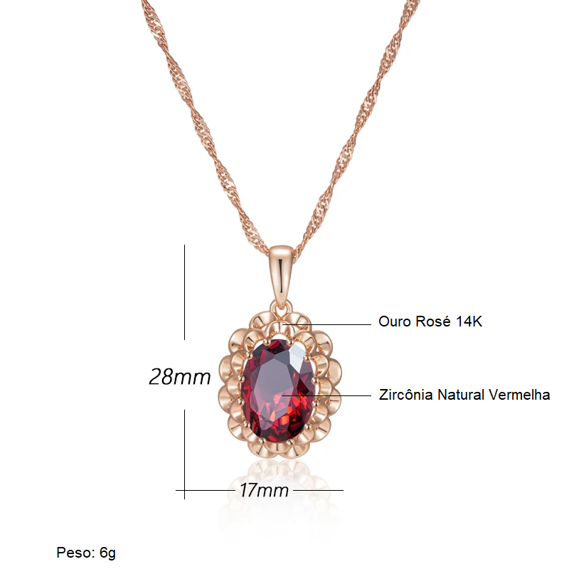 Colar Luxuoso de Flor com Acabamento em Ouro Rosé 14K com Zircônia Vermelha Central