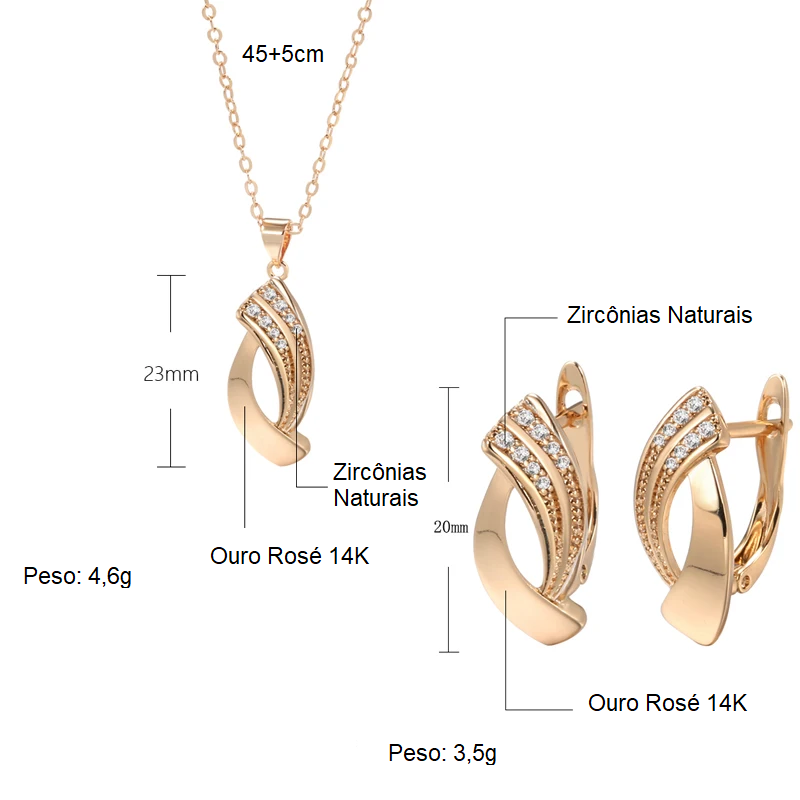 Conjunto de Brincos e Colar Geométrico Elegante com Curvas Delicadas e Zircônias Cravejadas, Acabamento em Ouro Rosé 14K