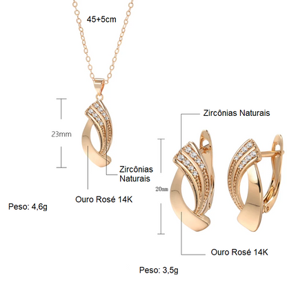 Conjunto de Brincos e Colar Geométrico Elegante com Curvas Delicadas e Zircônias Cravejadas, Acabamento em Ouro Rosé 14K