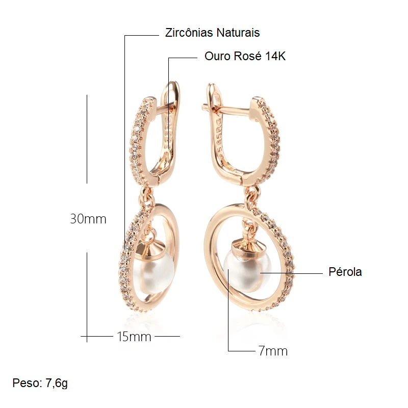 Par de Brincos Elegantes e Circulares com Pérola e Acabamento em Ouro Rosé 14K Cravejados de Zircônias