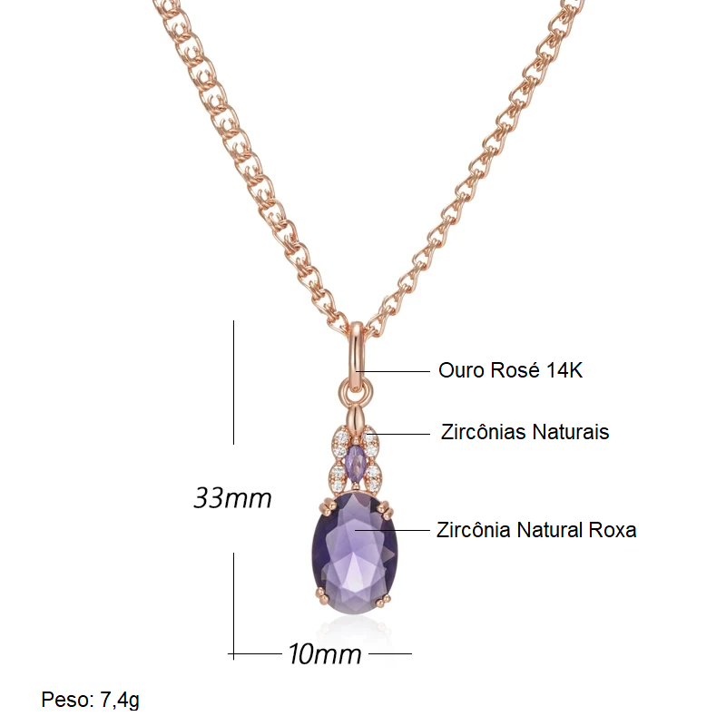 Colar Elegante com Zircônias e Pedra Central Roxa com Acabamento em Ouro Rosé 14K