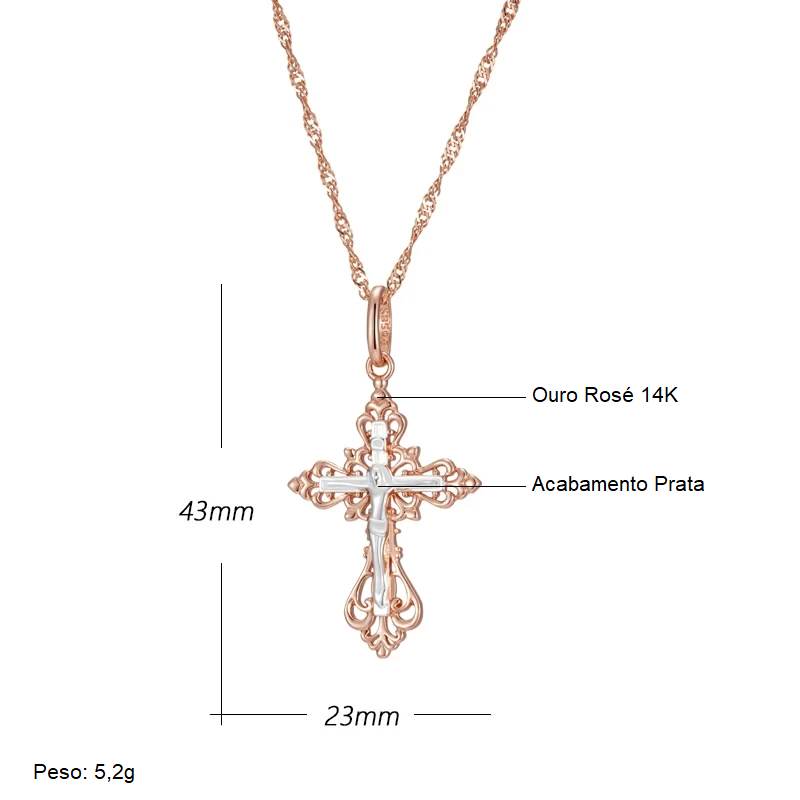 Colar Crucifixo Jesus com Acabamento em Ouro Rosé 14K e Escultura em Prata