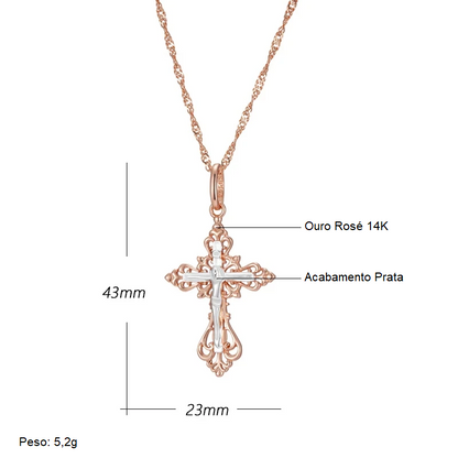 Colar Crucifixo Jesus com Acabamento em Ouro Rosé 14K e Escultura em Prata