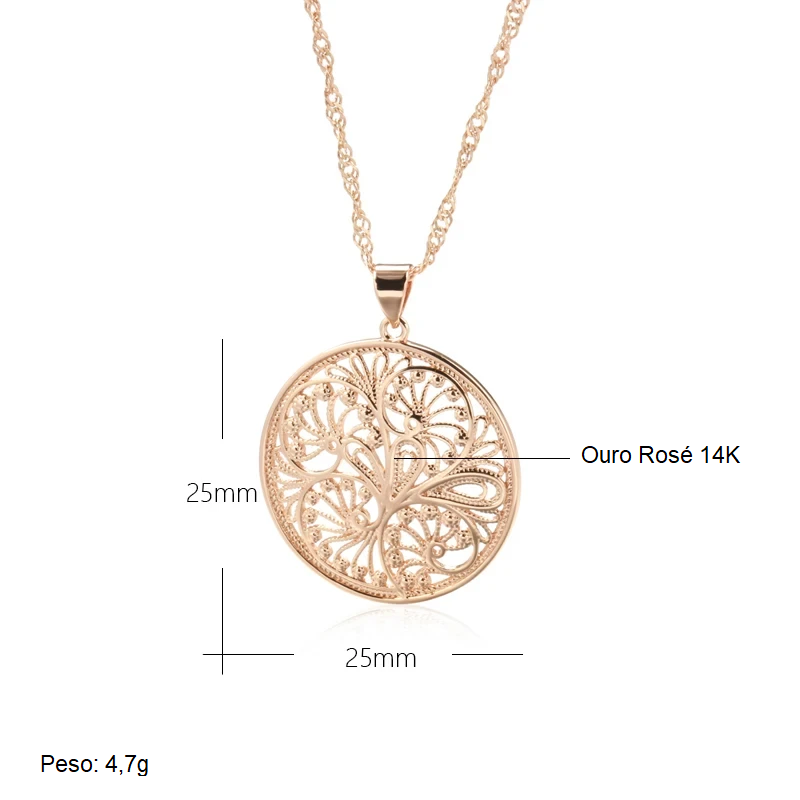 Colar Redondo com Design Oco de Flor Circular e Acabamento em Ouro Rosé 14K