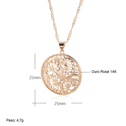 Colar Redondo com Design Oco de Flor Circular e Acabamento em Ouro Rosé 14K