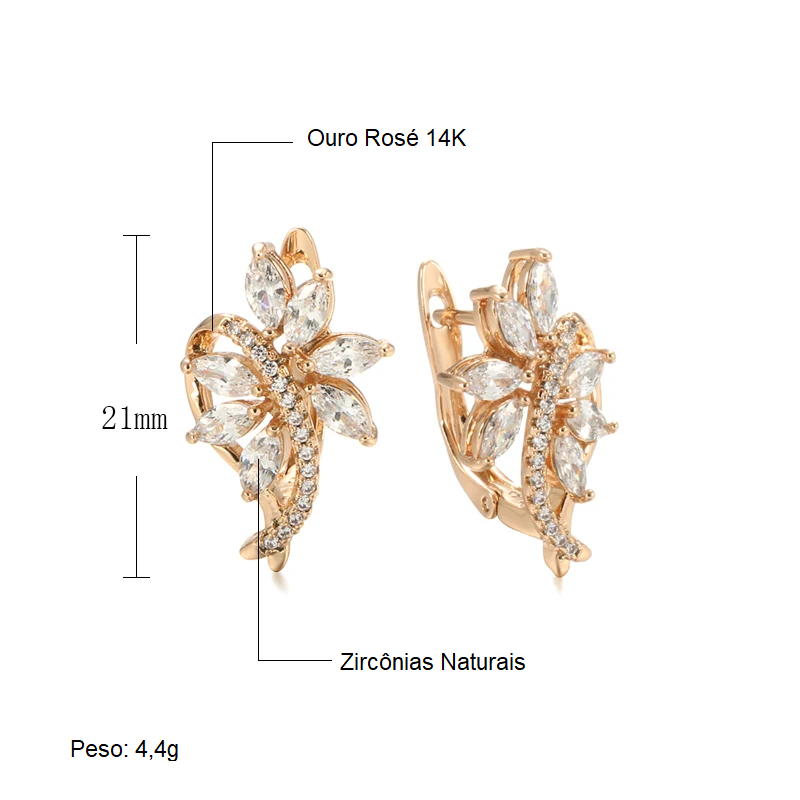 Par de Brincos de Flor com Pétalas de Zircônia e Acabamento em Ouro Rosé 14K