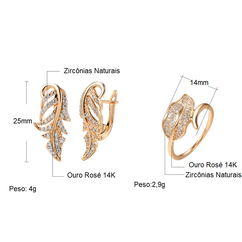 Conjunto de Joias com Brincos e Anel em Design de Folha Estilizada Cravejado de Zircônias, Acabamento em Ouro Rosé 14K