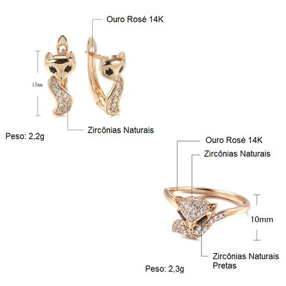 Conjunto de Joias com Brincos e Anel de Raposa Cravejados de Zircônias, Acabamento em Ouro Rosé 14K