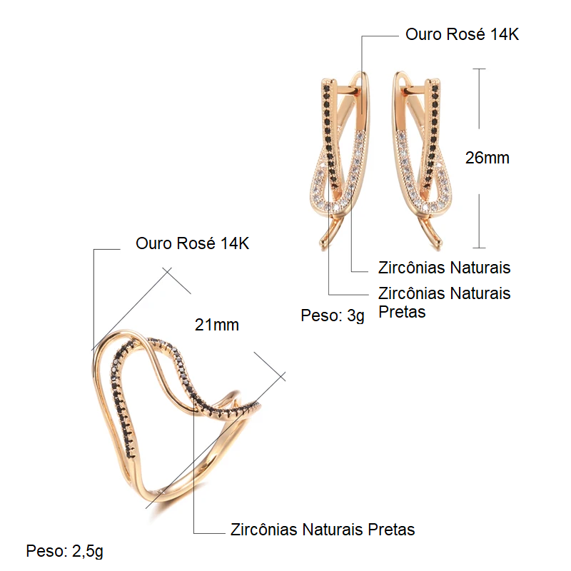 Conjunto de Brincos e Anel com Design em "S" e Zircônias Naturais e Pretas Cravejadas, Acabamento em Ouro Rosé 14K