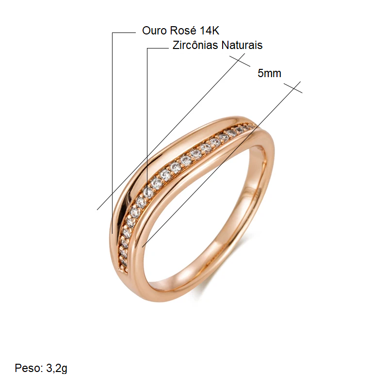 Anel Geométrico Curvo com Linha de Zircônias Cravejadas, Acabamento em Ouro Rosé 14K