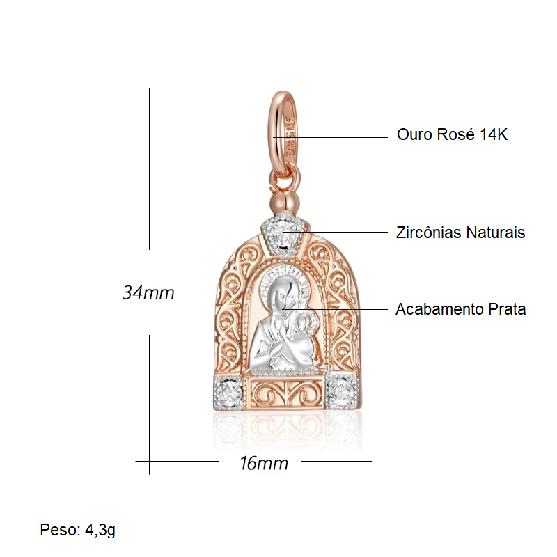 Colar Religioso com Escultura da Virgem Maria e Acabamento em Ouro Rosé 14K e Prata