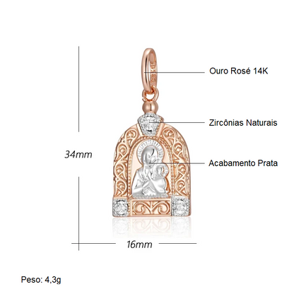 Colar Religioso com Escultura da Virgem Maria e Acabamento em Ouro Rosé 14K e Prata