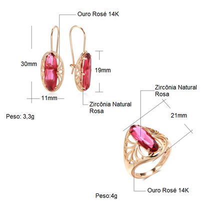 Conjunto de Brincos e Anel Étnico Vazado com Zircônia Cushion Rosa e Acabamento em Ouro Rosé 14K