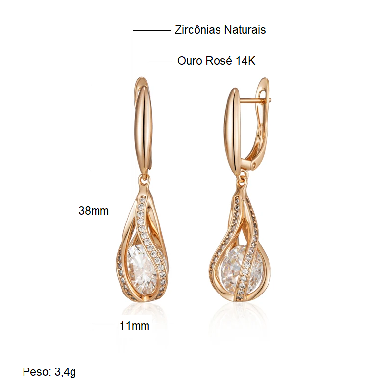 Par de Brincos Geométricos com Zircônias Cravejadas em Linhas e Zircônia Central com Acabamento em Ouro Rosé 14K