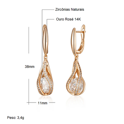 Par de Brincos Geométricos com Zircônias Cravejadas em Linhas e Zircônia Central com Acabamento em Ouro Rosé 14K