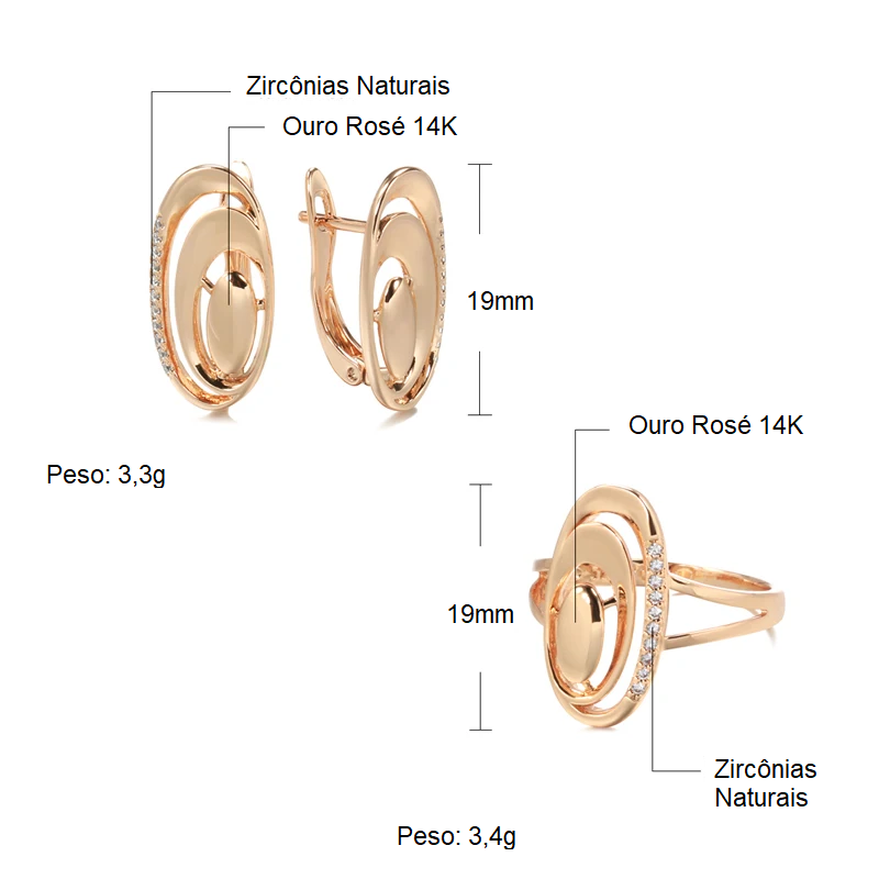 Conjunto de Brincos e Anel Oval Espiral com Detalhes de Zircônias Cravejadas, Acabamento em Ouro Rosé 14K