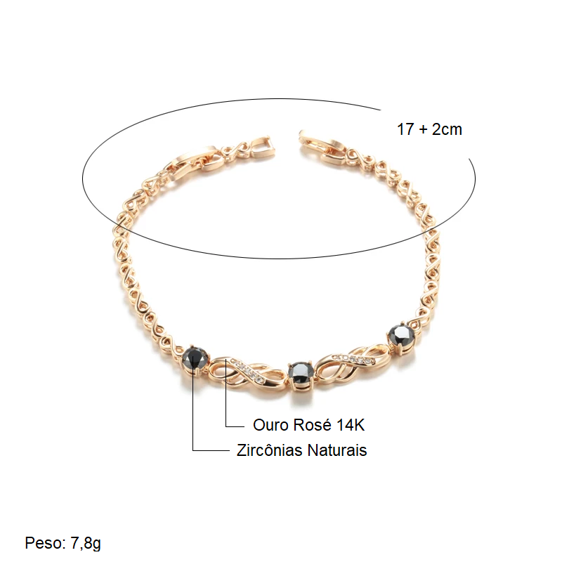 Pulseira de Símbolos do Infinito com Zircônias Naturais e Acabamento em Ouro Rosé 14K