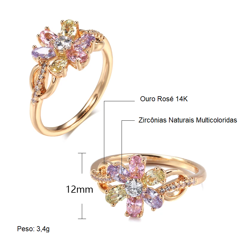 Anel Delicado com 6 Zircônias em Formato de Estrela Multicoloridas e Detalhes de Zircônias Cravejados, Acabamento em Ouro Rosé 14K