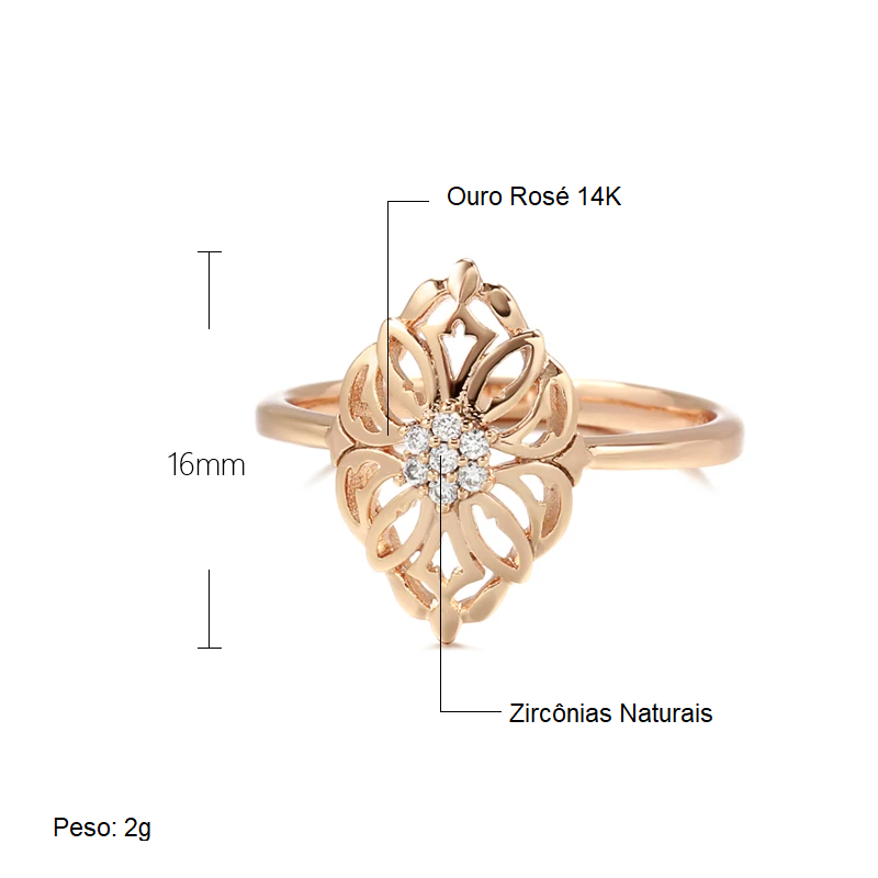 Anel Elegante de Flor Vazada com Zircônia Central e Acabamento em Ouro Rosé 14K