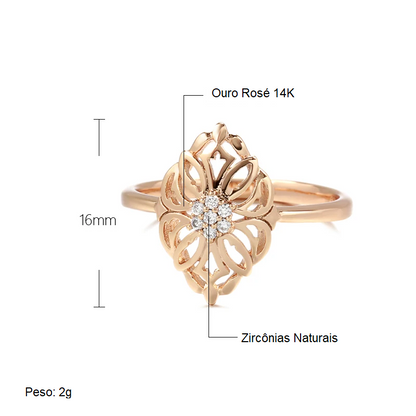 Anel Elegante de Flor Vazada com Zircônia Central e Acabamento em Ouro Rosé 14K