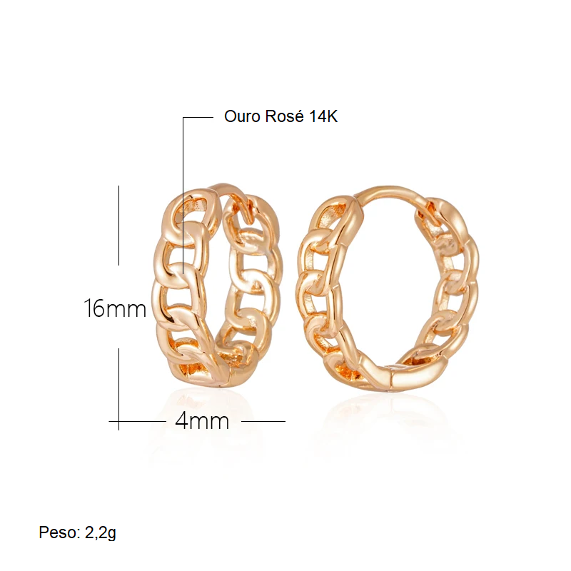 Par de Brincos Minimalistas em Forma de Corrente e Acabamento em Ouro Rosé 14K