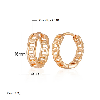 Par de Brincos Minimalistas em Forma de Corrente e Acabamento em Ouro Rosé 14K