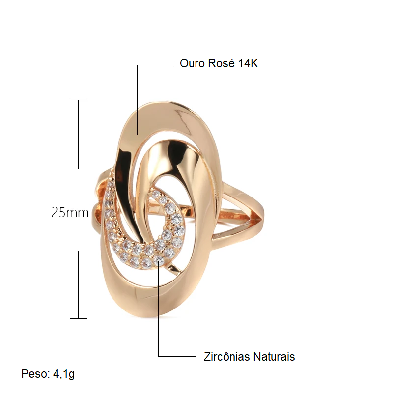 Anel Geométrico Espiralado em Linhas Ovais e Detalhes em Zircônia com Acabamento em Ouro Rosé 14K