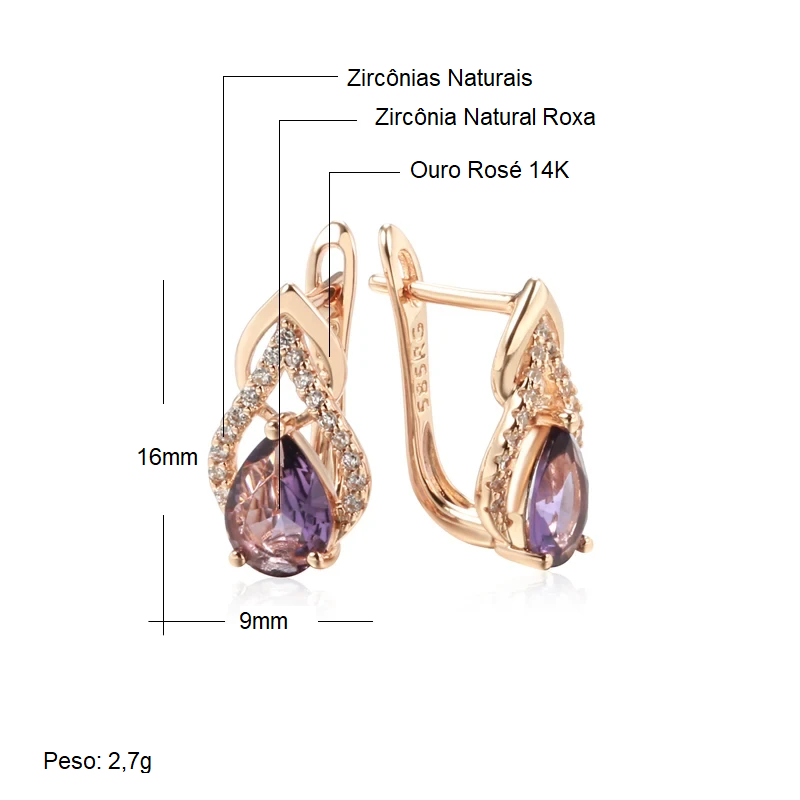 Par de Brincos Elegantes de 3 Gotas com Zircônias e Gota de Zircônia Roxa, Acabamento em Ouro Rosé 14K