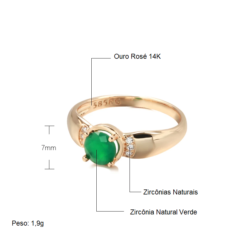 Anel Minimalista com Zircônia Central Verde e Zircônias Cravejadas nas Laterais, Acabamento em Ouro Rosé 14K