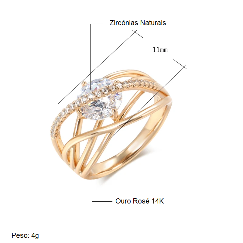 Anel Delicado de Linhas Geométricas com Detalhes em Zircônia e Acabamento em Ouro Rosé 14K