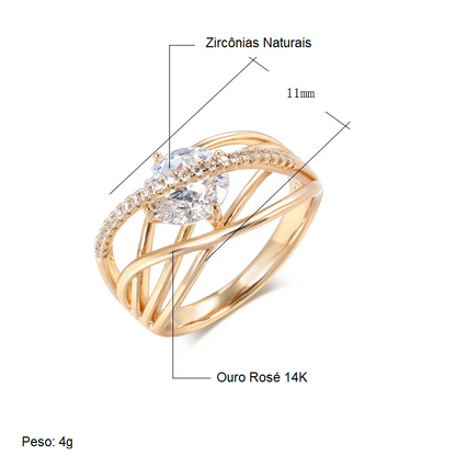 Anel Delicado de Linhas Geométricas com Detalhes em Zircônia e Acabamento em Ouro Rosé 14K