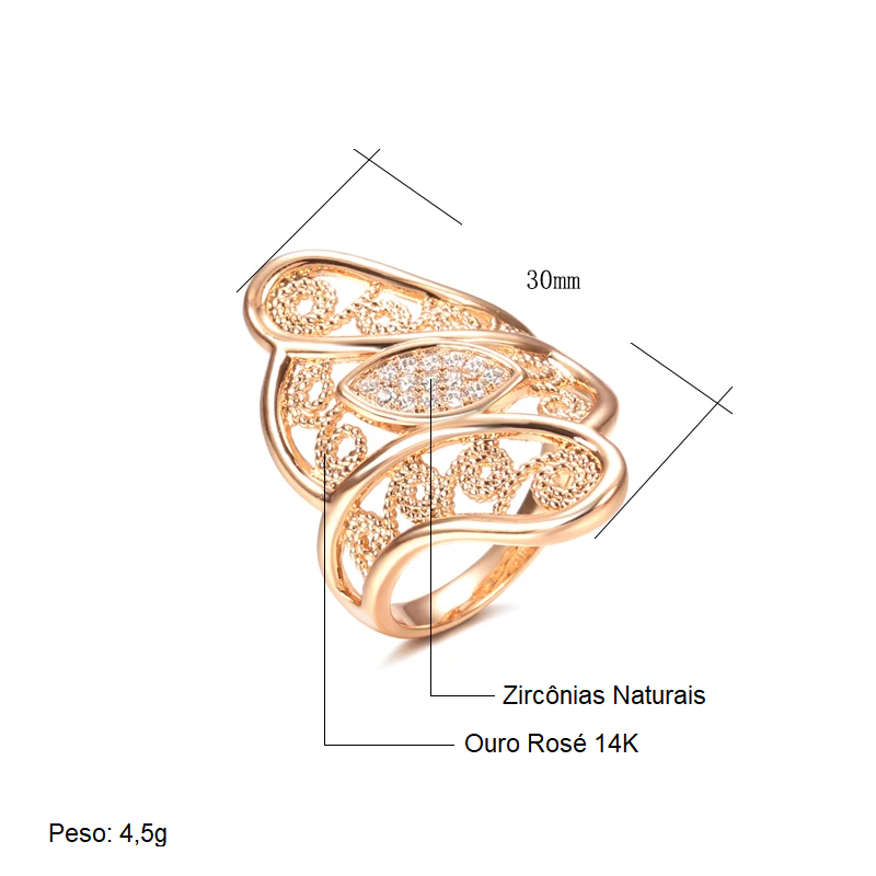 Anel Escultural Étnico com Estrutura Vazada e Losango Cravejado de Zircônias, Acabamento em Ouro Rosé 14K