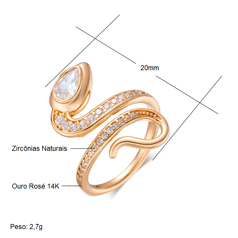 Anel Elegante de Cobra Cravejado de Zircônias Naturais, Acabamento em Ouro Rosé 14K