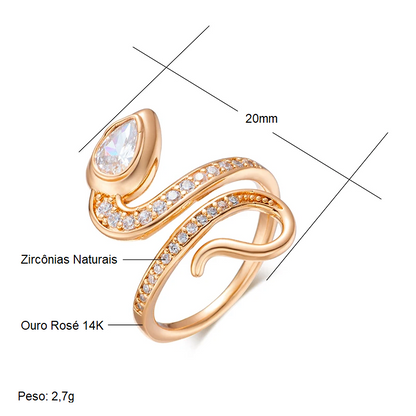 Anel Elegante de Cobra Cravejado de Zircônias Naturais, Acabamento em Ouro Rosé 14K