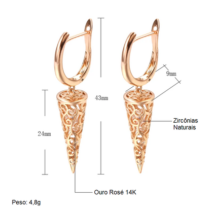 Par de Brincos Geométricos em Formato de Cones Vazados com Zircônias, Acabamento em Ouro Rosé 14K