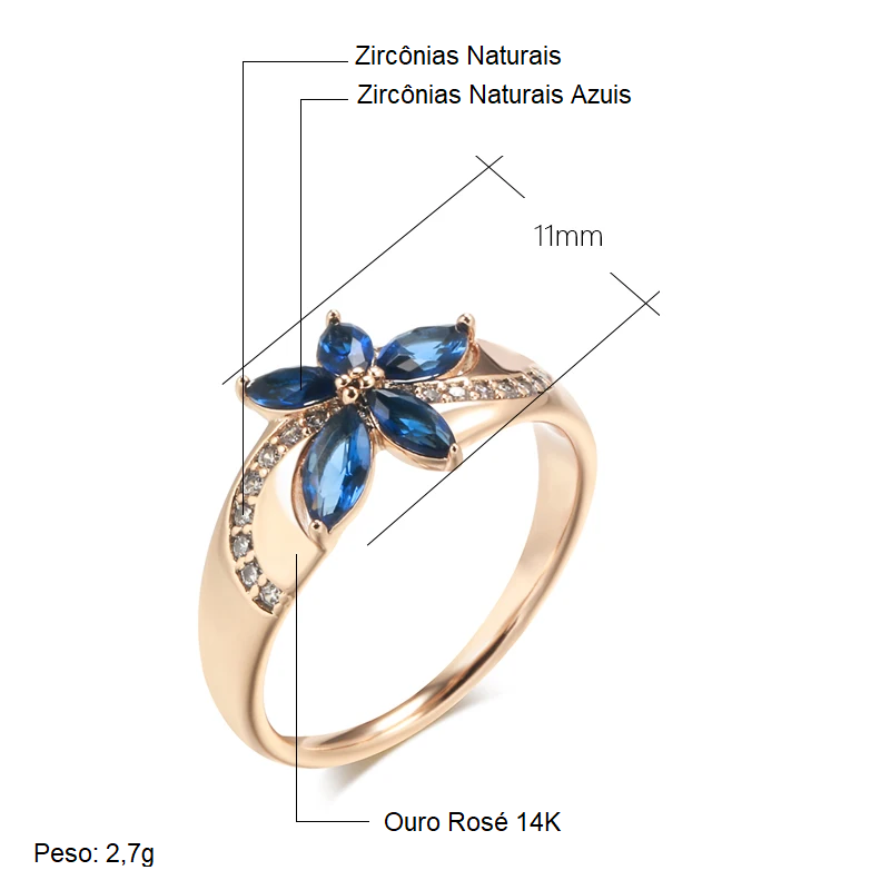 Anel Vintage com Flor de 5 Pétalas de Zircônia Azul e Detalhes de Zircônias Cravejadas, Acabamento em Ouro Rosé 14K