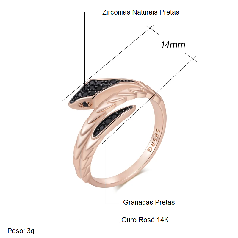 Anel Imponente em Formato de Cobra com Zircônias Pretas, Acabamento em Ouro Rosé 14K