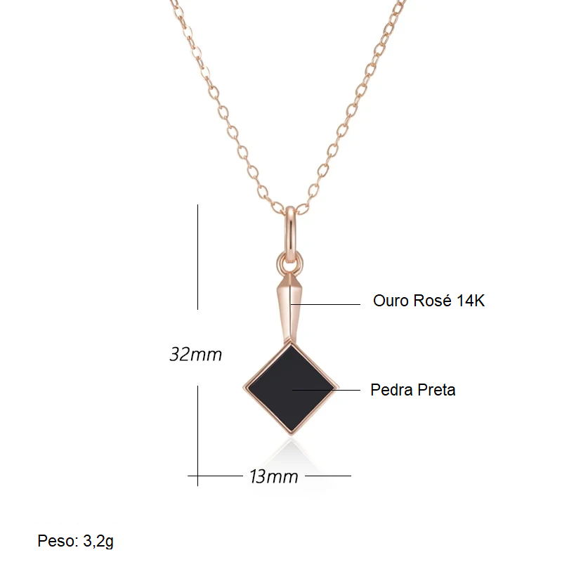 Colar Geométrico Minimalista com Pedra Preta e Acabamento em Ouro Rosé 14K