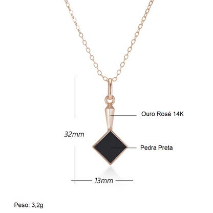 Colar Geométrico Minimalista com Pedra Preta e Acabamento em Ouro Rosé 14K